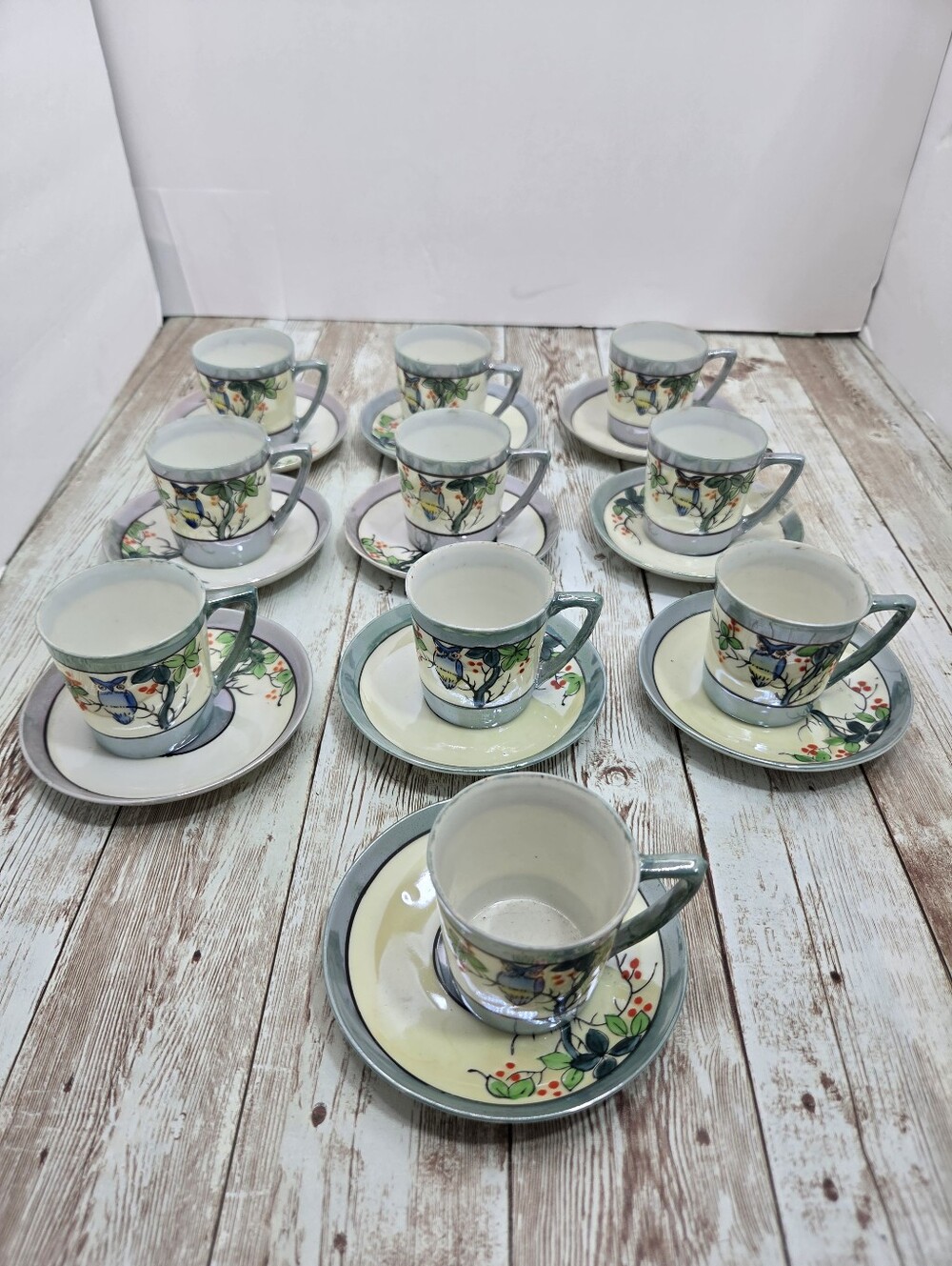 🦉 VINTAGE Hand Painted Japanese Owl Espresso Demitasse Set of 10 | Lusterware ☕